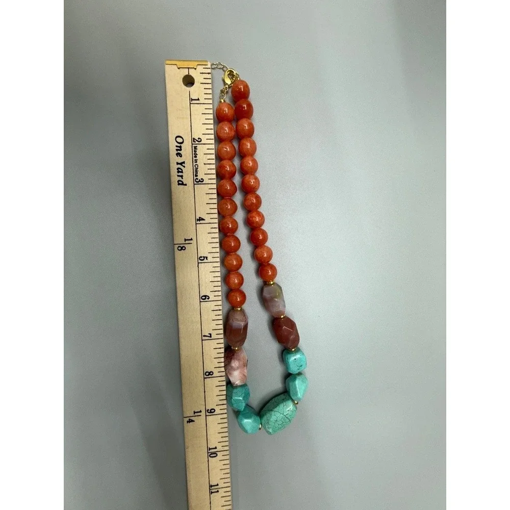 Beaded Necklace 18" Apricot Agate Turquoise Dyed Howlite Colorful Stones Heavy - Picture 9 of 12